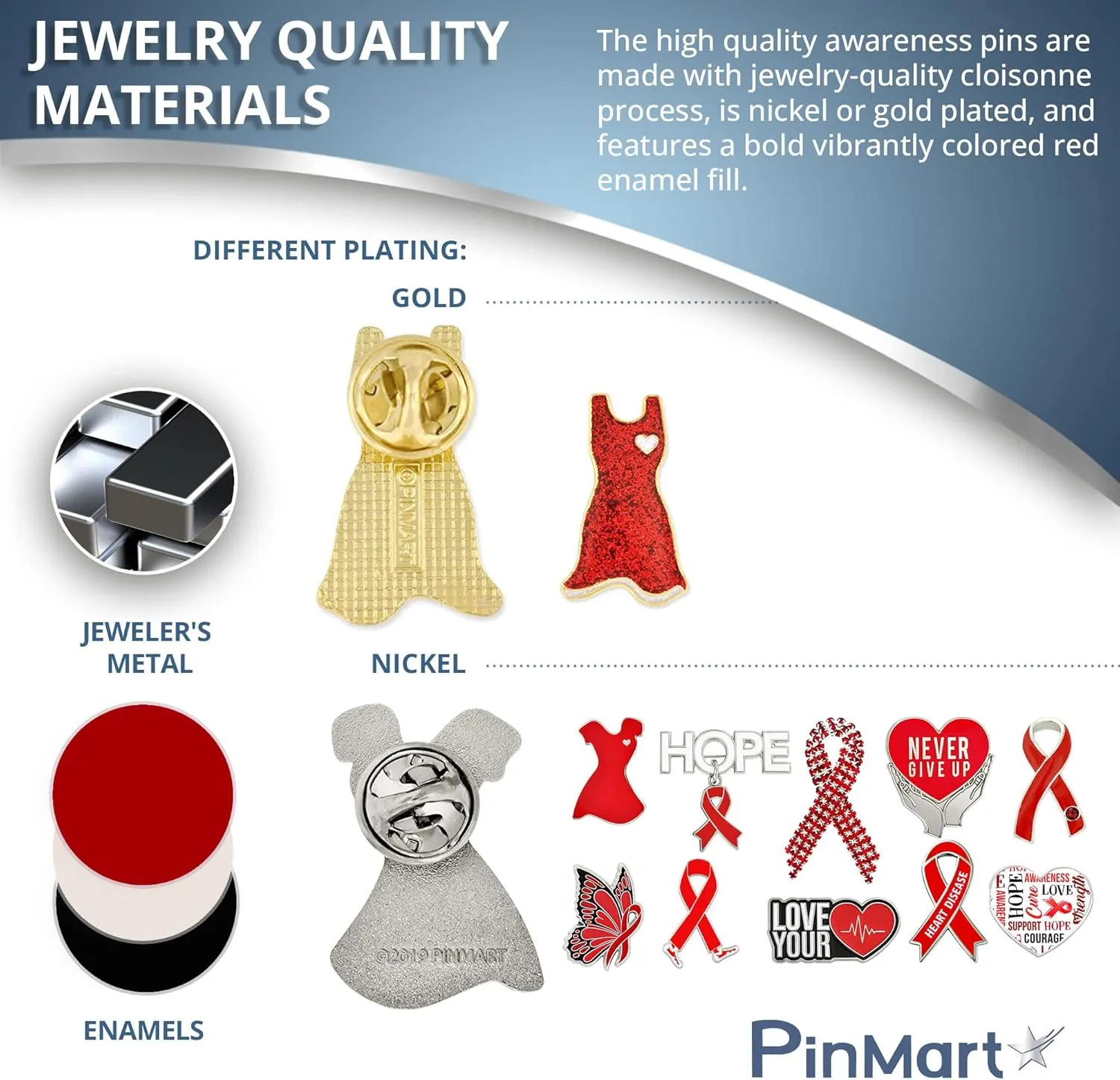 PinMart Heart Disease Awareness Enamel Lapel Pin  Nickel Plated Red Ribbon Pin  Support Heart Health  Jewelry Brooch with Secure Clutch Back