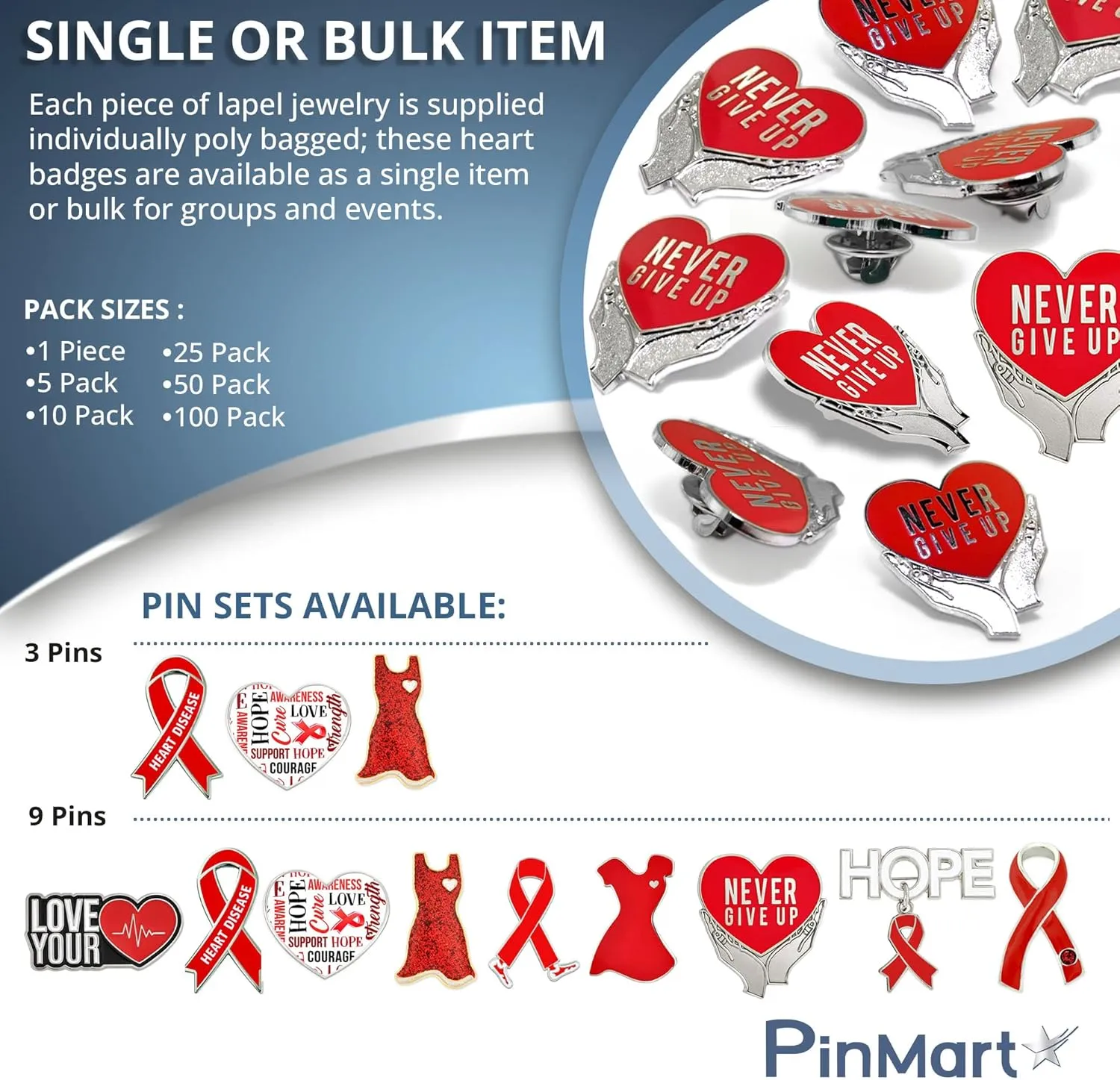 PinMart Heart Disease Awareness Enamel Lapel Pin  Nickel Plated Red Ribbon Pin  Support Heart Health  Jewelry Brooch with Secure Clutch Back