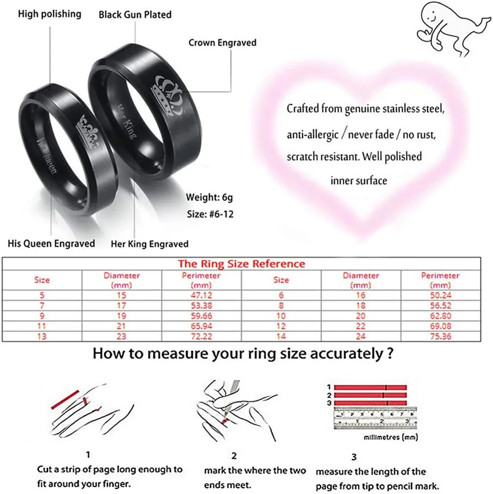 Promise Rings For Couples Her King His Queen Black Titanium Stainless Steel Eternity Engaged Wedding Anniversary Matching Couples Rings For Him And Her Set