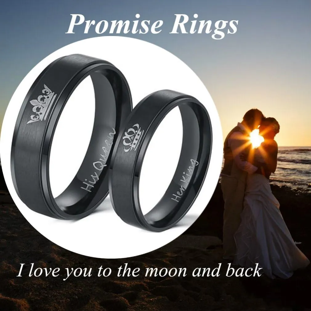 Promise Rings For Couples Her King His Queen Black Titanium Stainless Steel Eternity Engaged Wedding Anniversary Matching Couples Rings For Him And Her Set