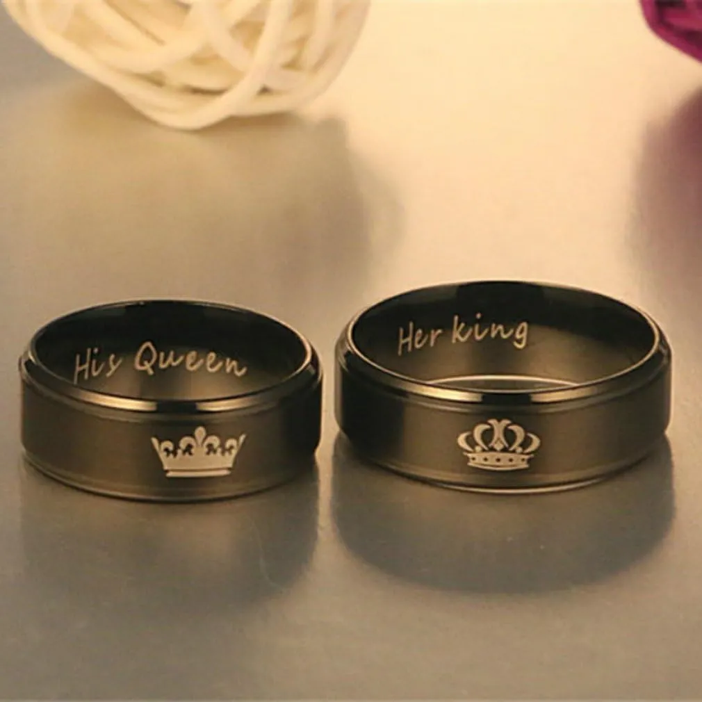 Promise Rings For Couples Her King His Queen Black Titanium Stainless Steel Eternity Engaged Wedding Anniversary Matching Couples Rings For Him And Her Set