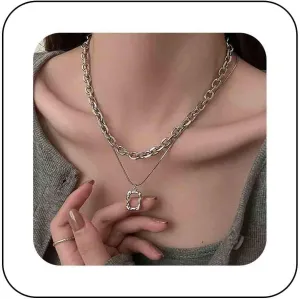 Punk Layered Choker Necklace Geometric Square Pendant Necklace Chunky Silver Paper Clip Chain Necklace Round Snake Chain Necklace Jewelry for Women and