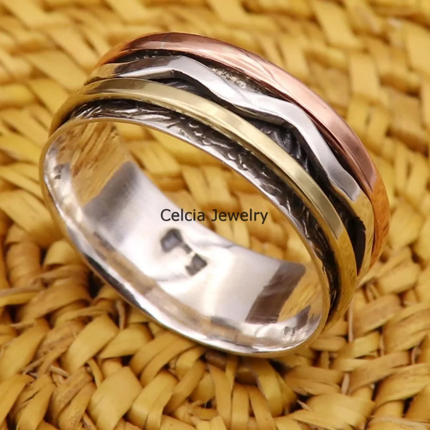 Pure 925 Sterling Silver Spinner Ring, Unisex Handmade Fine Jewelry, Meditation Ring, Anxiety Stunning Ring, Fidget Ring, Worry Ring, Three Tone Ring, Mothers Day Gifts Ring (US Ring size 8)