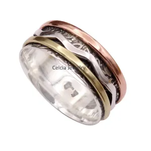 Pure 925 Sterling Silver Spinner Ring, Unisex Handmade Fine Jewelry, Meditation Ring, Anxiety Stunning Ring, Fidget Ring, Worry Ring, Three Tone Ring, Mothers Day Gifts Ring (US Ring size 8)