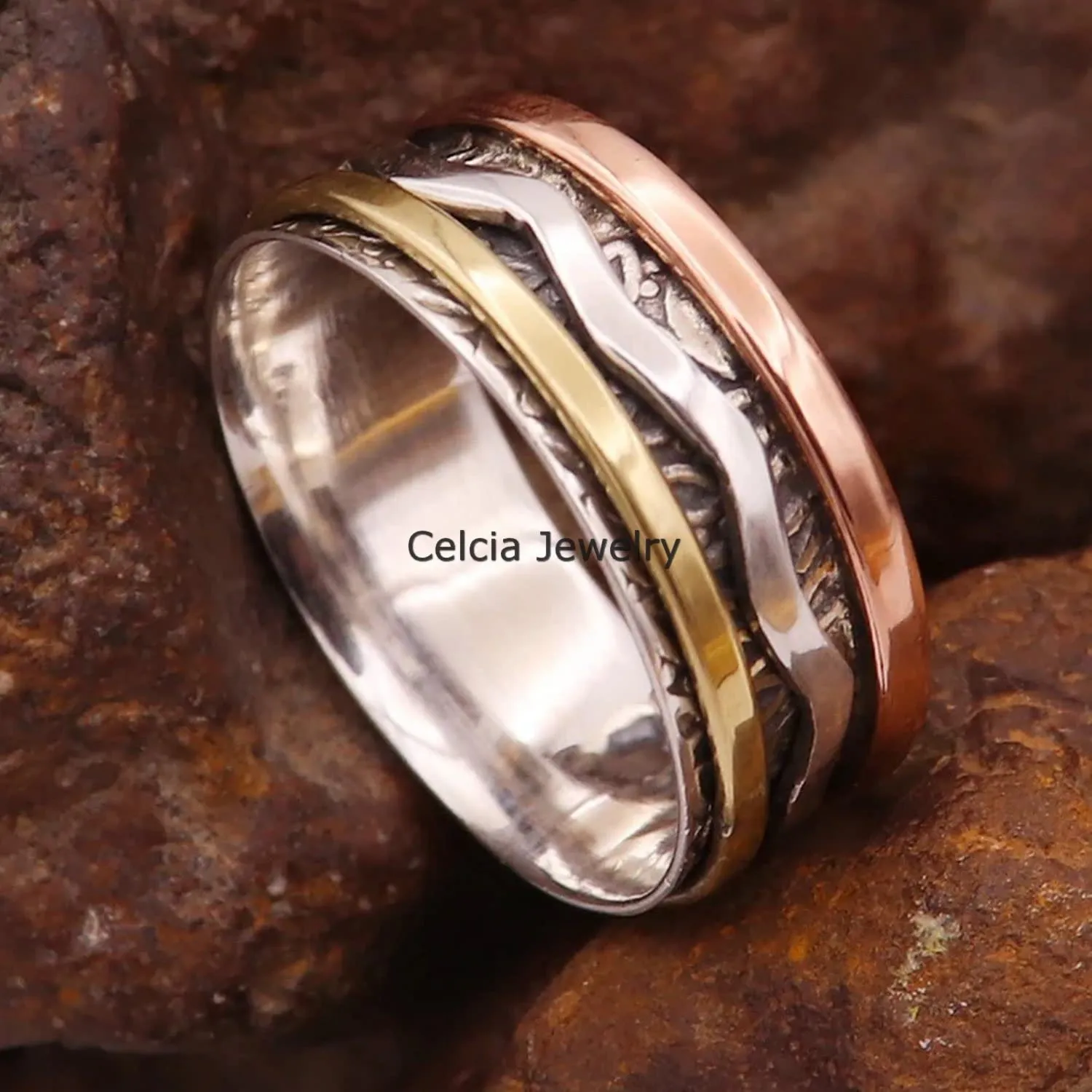 Pure 925 Sterling Silver Spinner Ring, Unisex Handmade Fine Jewelry, Meditation Ring, Anxiety Stunning Ring, Fidget Ring, Worry Ring, Three Tone Ring, Mothers Day Gifts Ring (US Ring size 8)