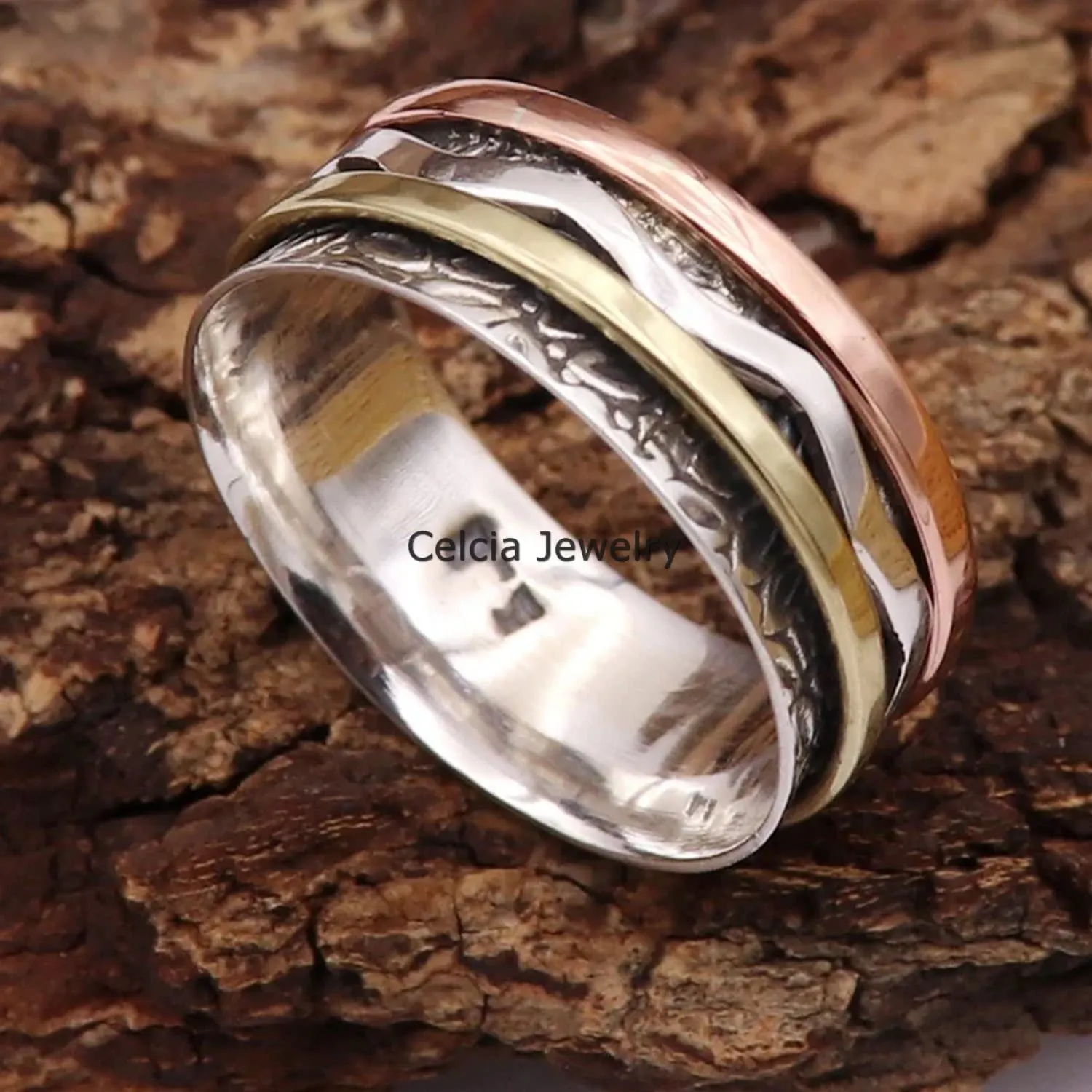 Pure 925 Sterling Silver Spinner Ring, Unisex Handmade Fine Jewelry, Meditation Ring, Anxiety Stunning Ring, Fidget Ring, Worry Ring, Three Tone Ring, Mothers Day Gifts Ring (US Ring size 8)
