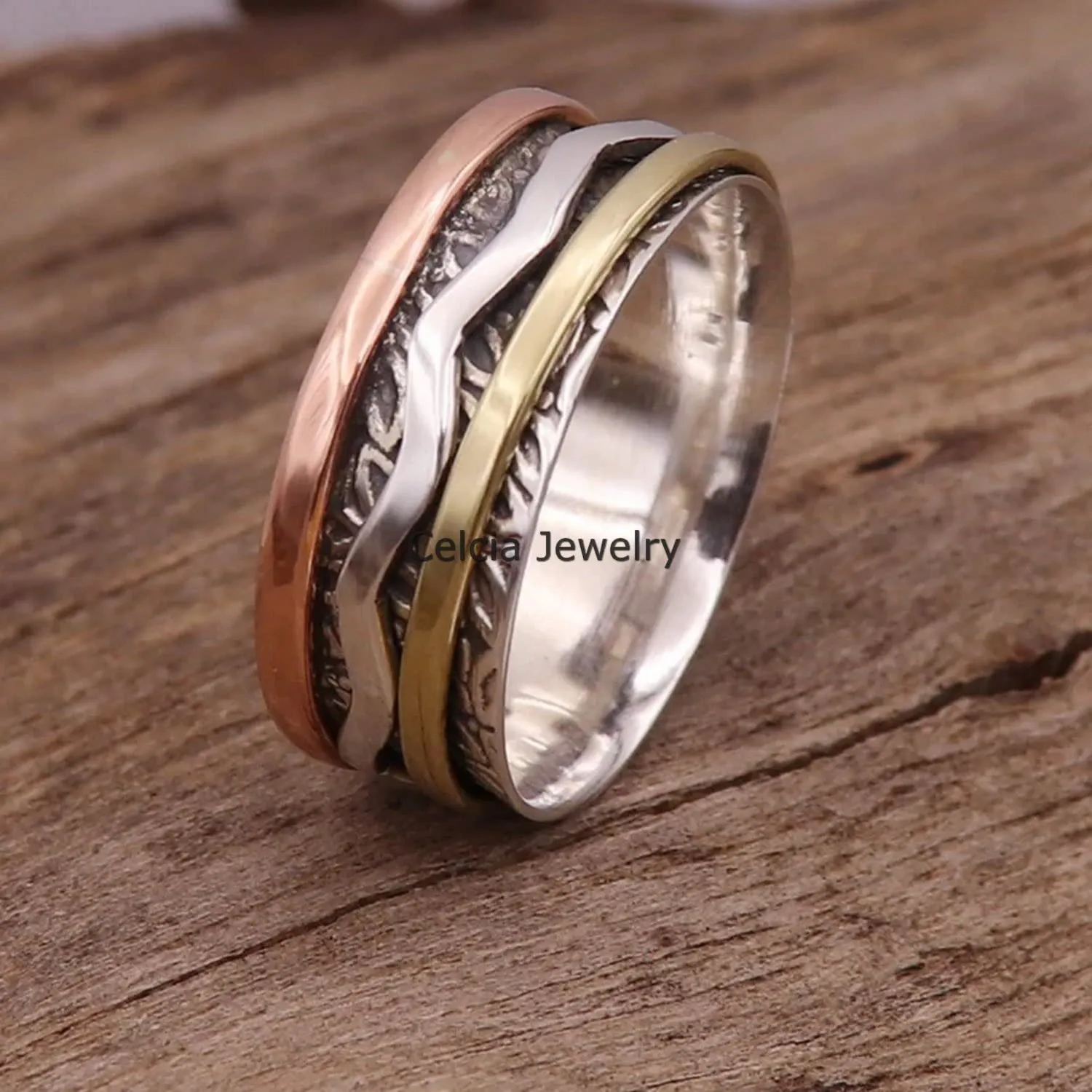 Pure 925 Sterling Silver Spinner Ring, Unisex Handmade Fine Jewelry, Meditation Ring, Anxiety Stunning Ring, Fidget Ring, Worry Ring, Three Tone Ring, Mothers Day Gifts Ring (US Ring size 8)