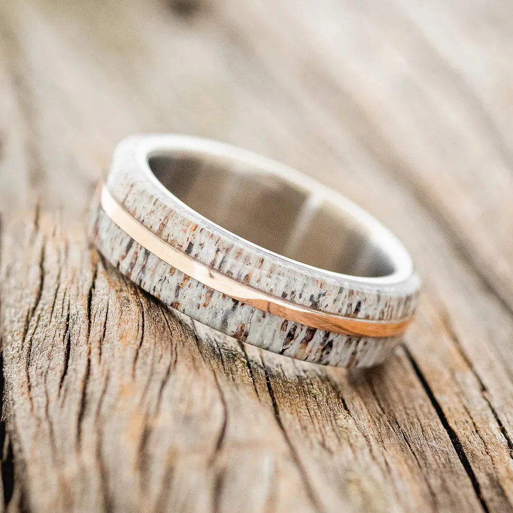 "GOLDEN" - ELK ANTLER & 14K ROSE GOLD INLAY WEDDING BAND 6MM - TITANIUM - SIZE 7 3/4