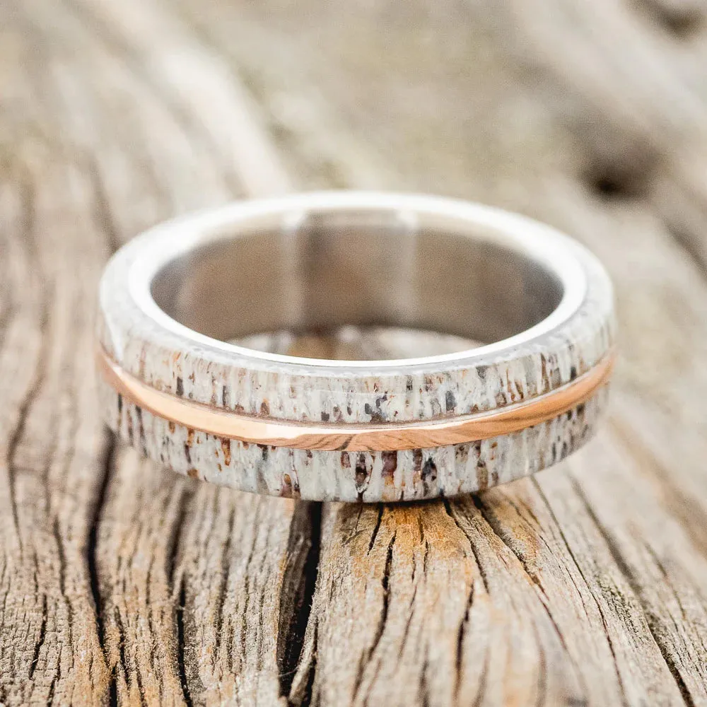 "GOLDEN" - ELK ANTLER & 14K ROSE GOLD INLAY WEDDING BAND 6MM - TITANIUM - SIZE 7 3/4
