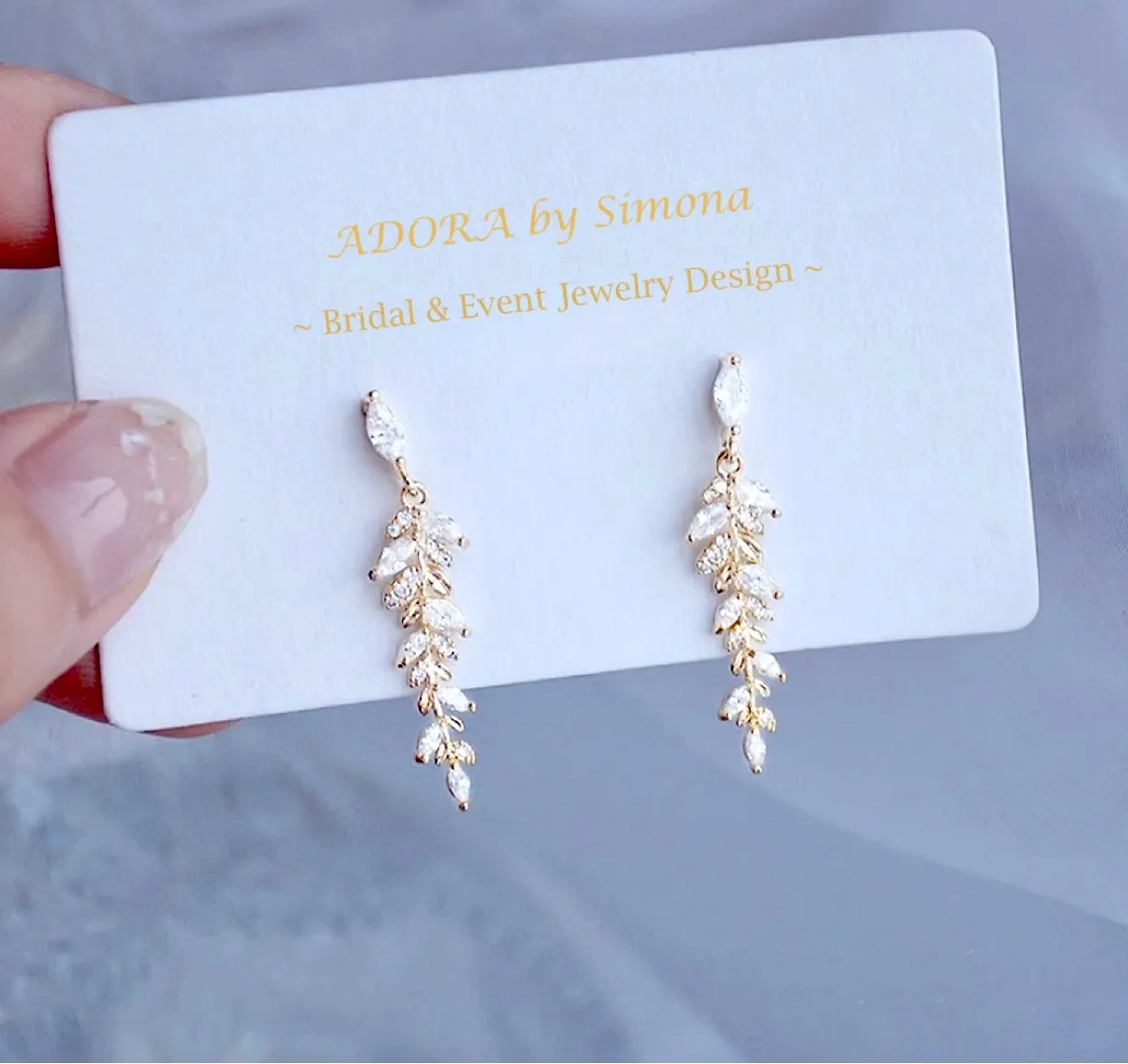 "Paola" - Gold CZ Leaf Bridal Earrings