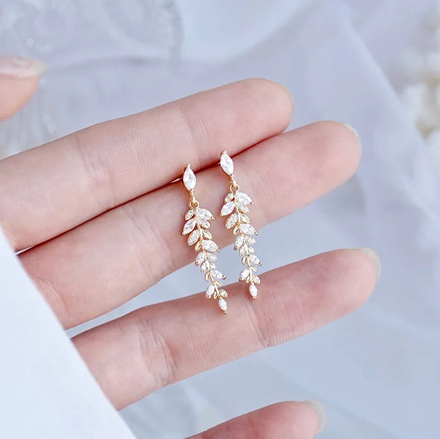 "Paola" - Gold CZ Leaf Bridal Earrings