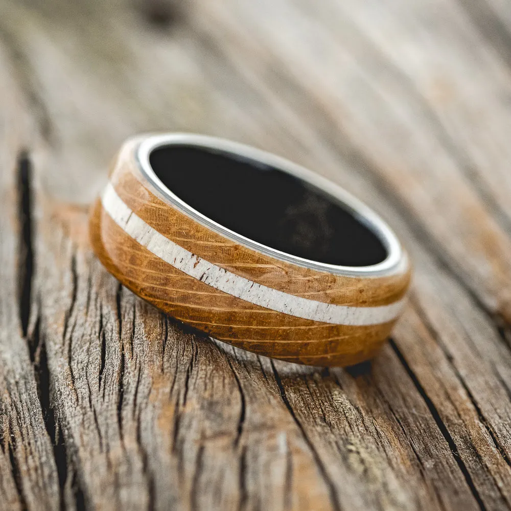 "REMMY" - WHISKEY BARREL OAK & ANTLER WEDDING RING - BLACK ZIRCONIUM - SIZE 10