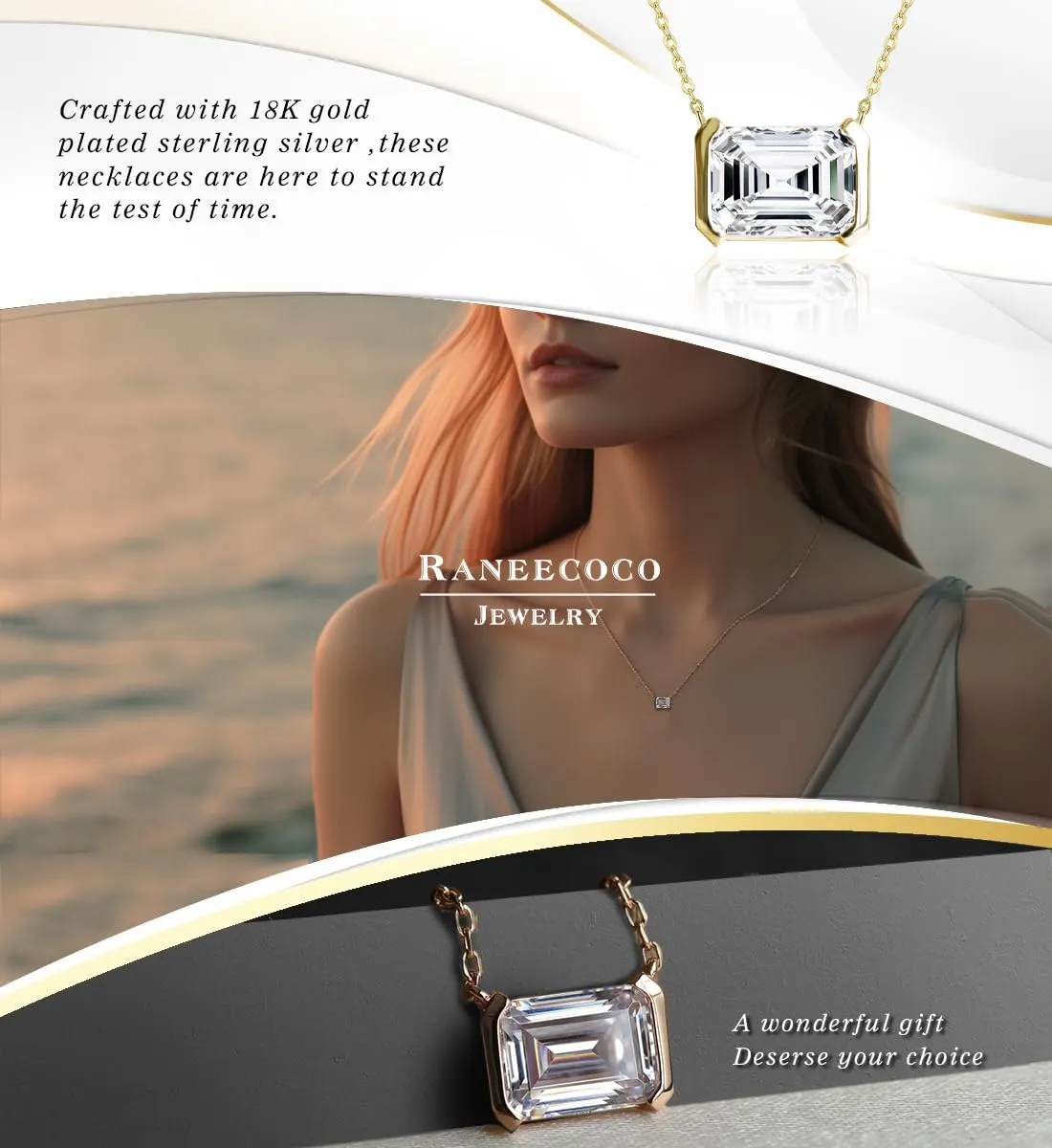 Raneecoco 2.0ct Emerald Cut Solitaire Simulated Diamond CZ Pendant Necklace / 18K Gold Plated Sterling Silver Necklace for Women