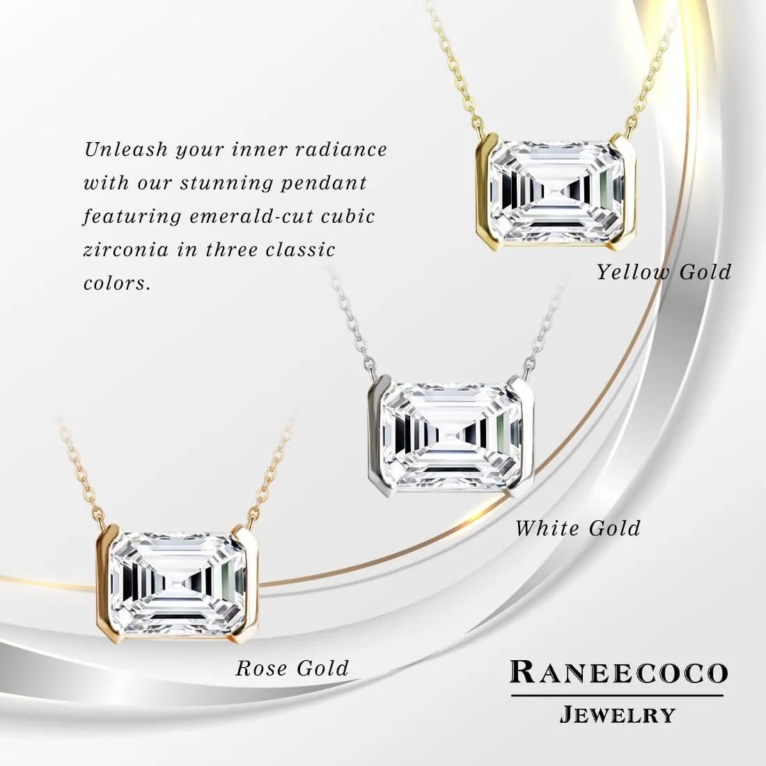 Raneecoco 2.0ct Emerald Cut Solitaire Simulated Diamond CZ Pendant Necklace / 18K Gold Plated Sterling Silver Necklace for Women