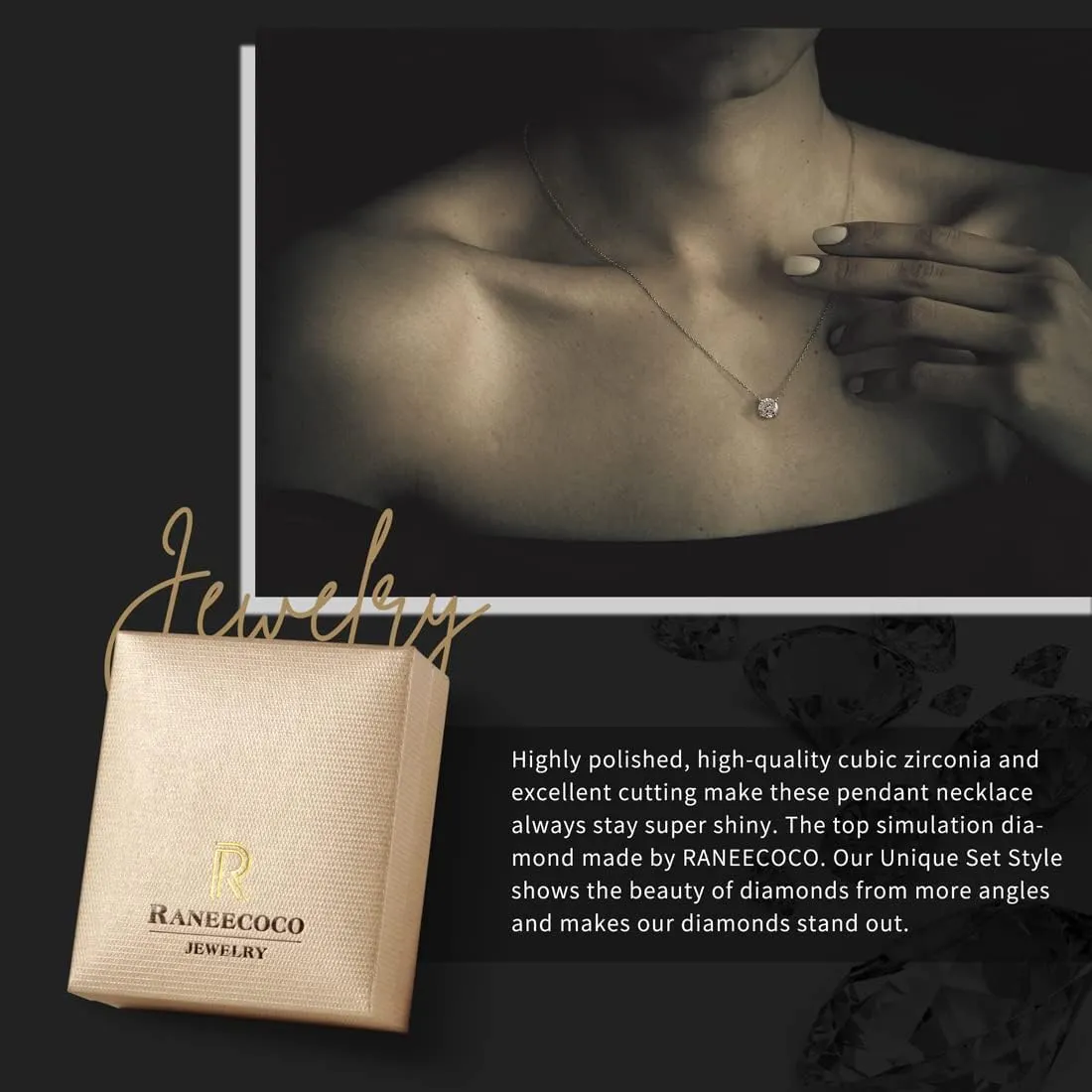 Raneecoco STUNNING FLAME 1.0-3.0 Carat Sterling Silver Cubic Zirconia Necklace for Women | 1 ct Simulated Diamond | Round CZ Solitaire Gold Pated Dainty Pendant Necklace, 40 5cm Chain