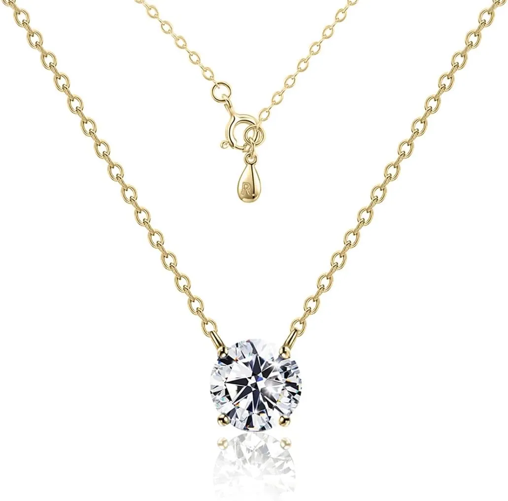 Raneecoco STUNNING FLAME 1.0-3.0 Carat Sterling Silver Cubic Zirconia Necklace for Women | 1 ct Simulated Diamond | Round CZ Solitaire Gold Pated Dainty Pendant Necklace, 40 5cm Chain