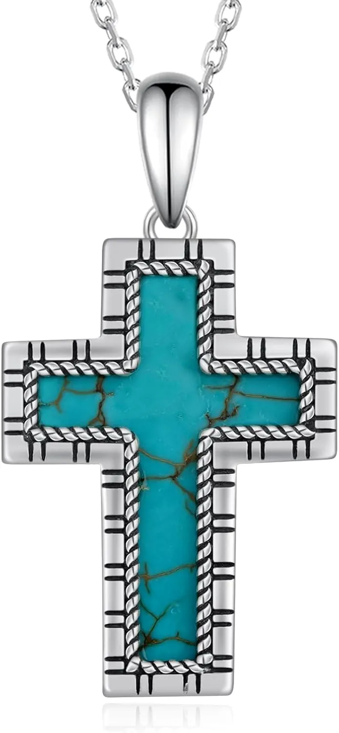 Real Turquoise Cross Necklace 925 Sterling Silver Genuine Turquoise Necklace Western Religious Cross Turquoise Jewelry for Women
