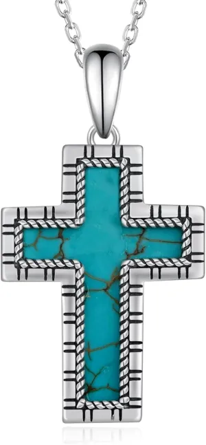 Real Turquoise Cross Necklace 925 Sterling Silver Genuine Turquoise Necklace Western Religious Cross Turquoise Jewelry for Women