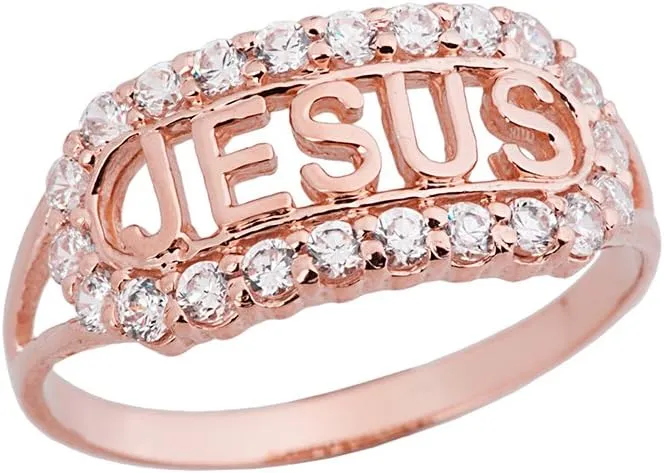 Religious Jewelry Unique 10k Rose Gold CZ Jesus Christ Christian Faith Ring