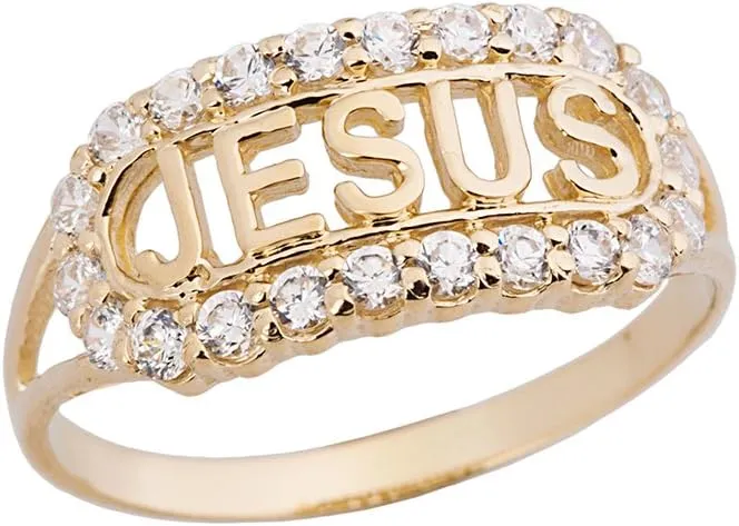 Religious Jewelry Unique 10k Yellow Gold CZ Jesus Christ Christian Faith Ring (Size 9)
