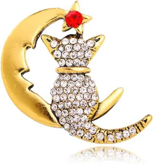 Rhinestone Cat Moon Brooch Pin for Women Gold Plated Fashion Crystal Kitten Star Celestial Crescent Brooches Lapel Pins Cute Dress Accessories Birthday Holiday Jewelry