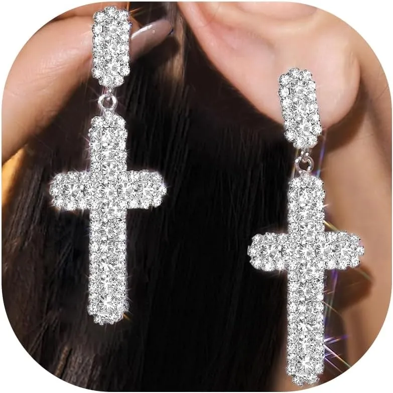 Rhinestone Cross Earrings for Women Cross Dangle Drop Earrings Hypoallergenic Crystal Cross Earrings Religious Jewelry Gift for Women