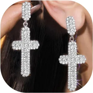 Rhinestone Cross Earrings for Women Cross Dangle Drop Earrings Hypoallergenic Crystal Cross Earrings Religious Jewelry Gift for Women