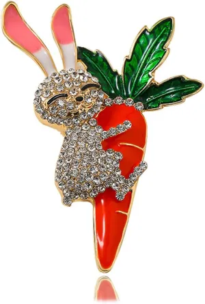 Rhinestone Rabbit Carrot Animal Brooch Pin for Women Unisex Gold Plated Fashion Enamel Crystal Bunny Easter Statement Brooches Pins Cute Dress Accessories Holiday Festival Jewelry