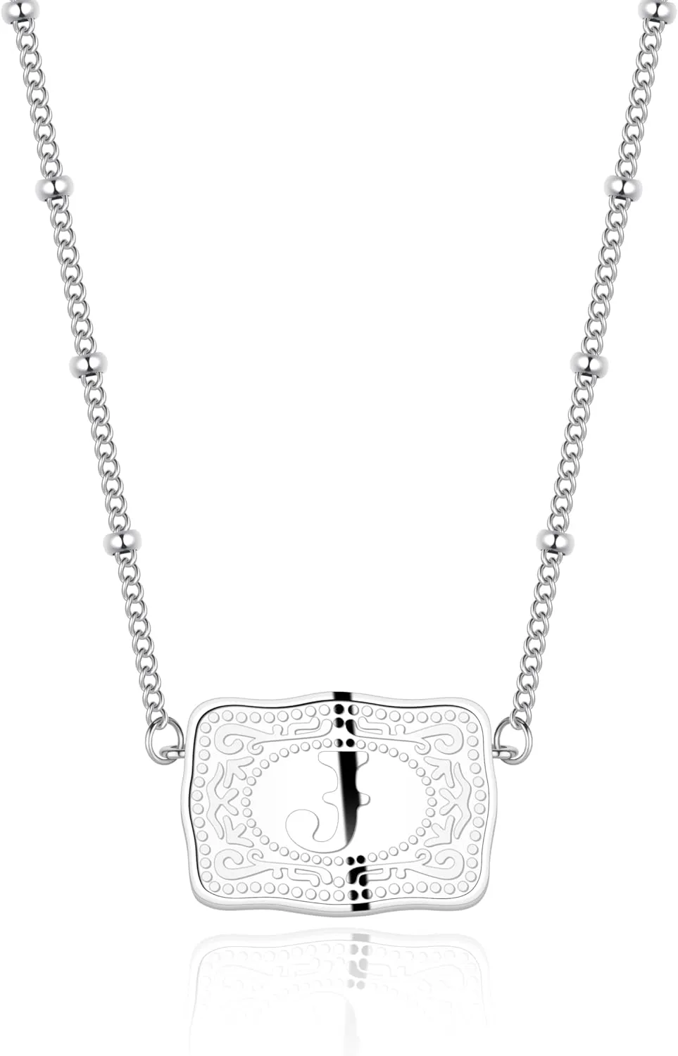 Rhodium-Plated Initial Letter Pendant Necklace with Embossed Belt Buckle, Free Chain Included, Personalized Gift for Women Men