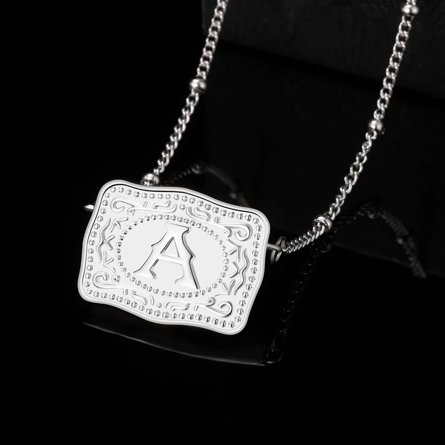 Rhodium-Plated Initial Letter Pendant Necklace with Embossed Belt Buckle, Free Chain Included, Personalized Gift for Women Men