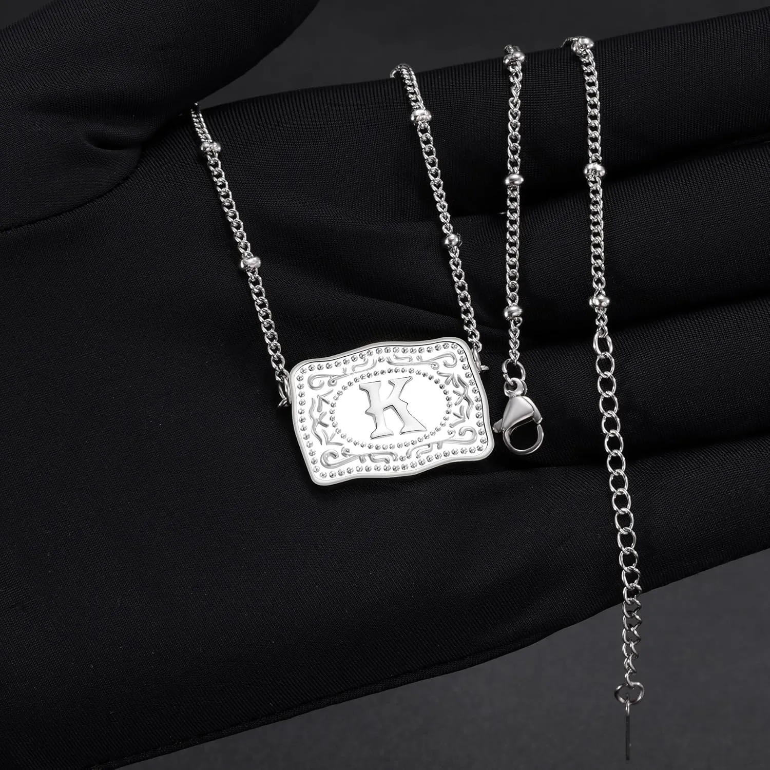 Rhodium-Plated Initial Letter Pendant Necklace with Embossed Belt Buckle, Free Chain Included, Personalized Gift for Women Men