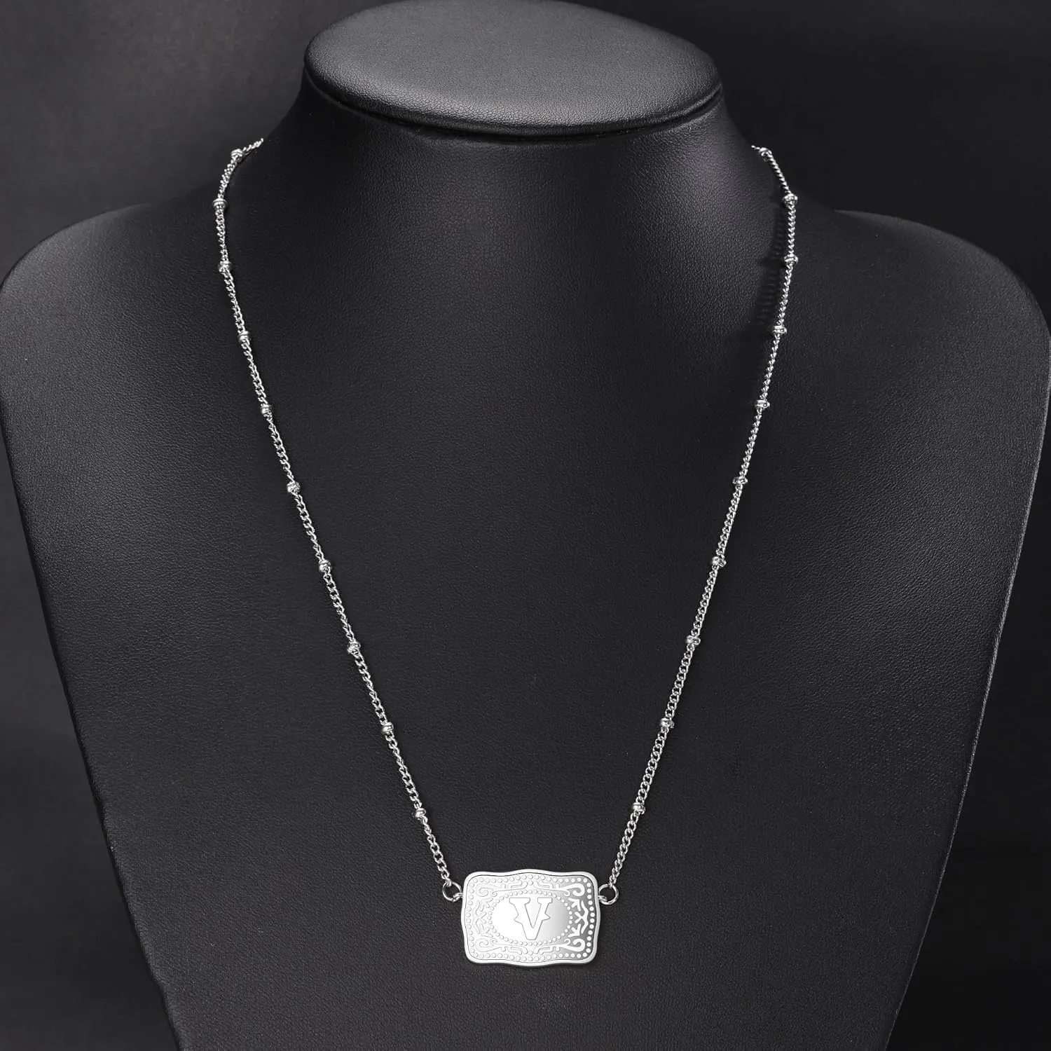 Rhodium-Plated Initial Letter Pendant Necklace with Embossed Belt Buckle, Free Chain Included, Personalized Gift for Women Men