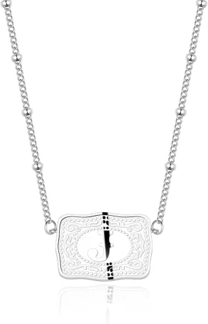 Rhodium-Plated Initial Letter Pendant Necklace with Embossed Belt Buckle, Free Chain Included, Personalized Gift for Women Men