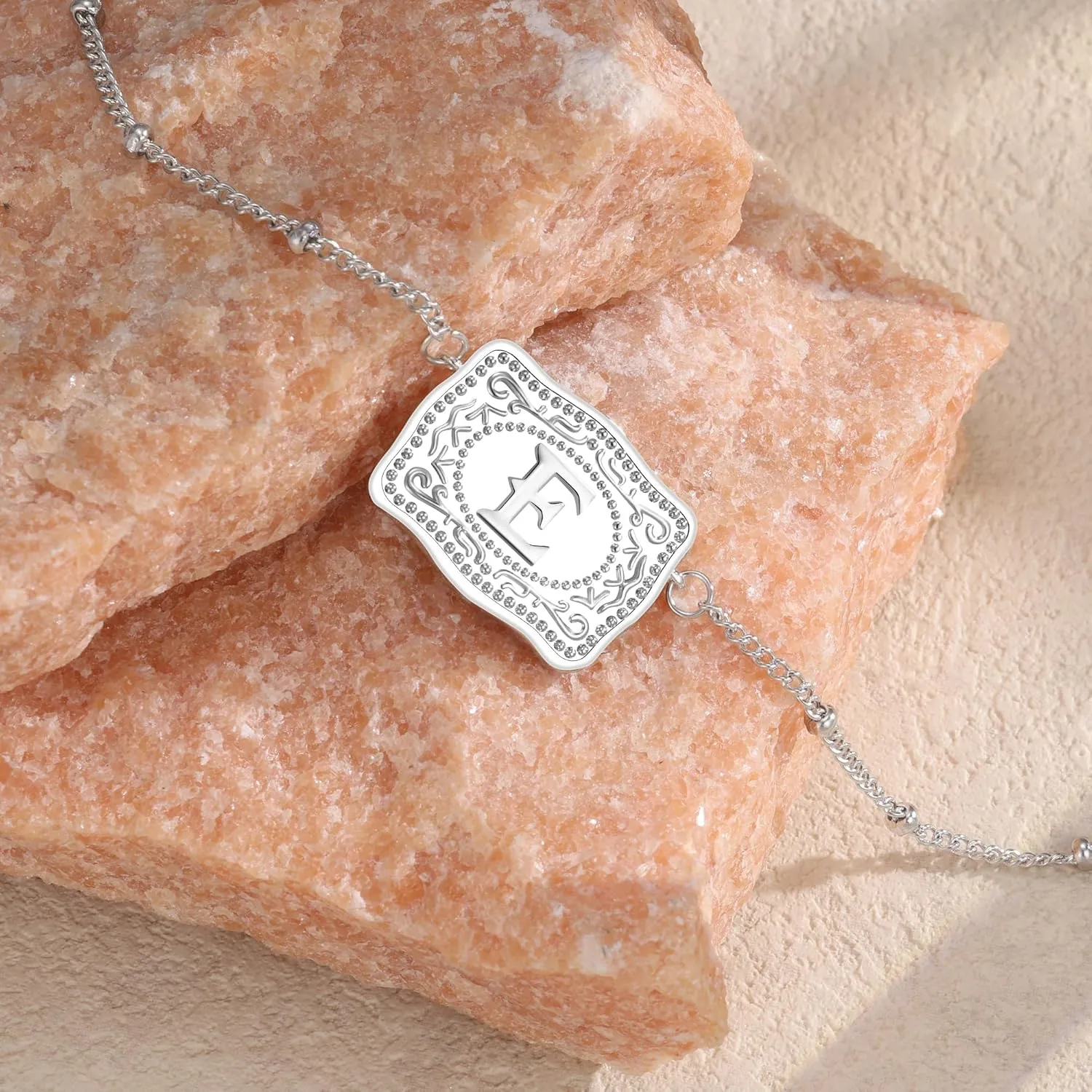 Rhodium-Plated Initial Letter Pendant Necklace with Embossed Belt Buckle, Free Chain Included, Personalized Gift for Women Men