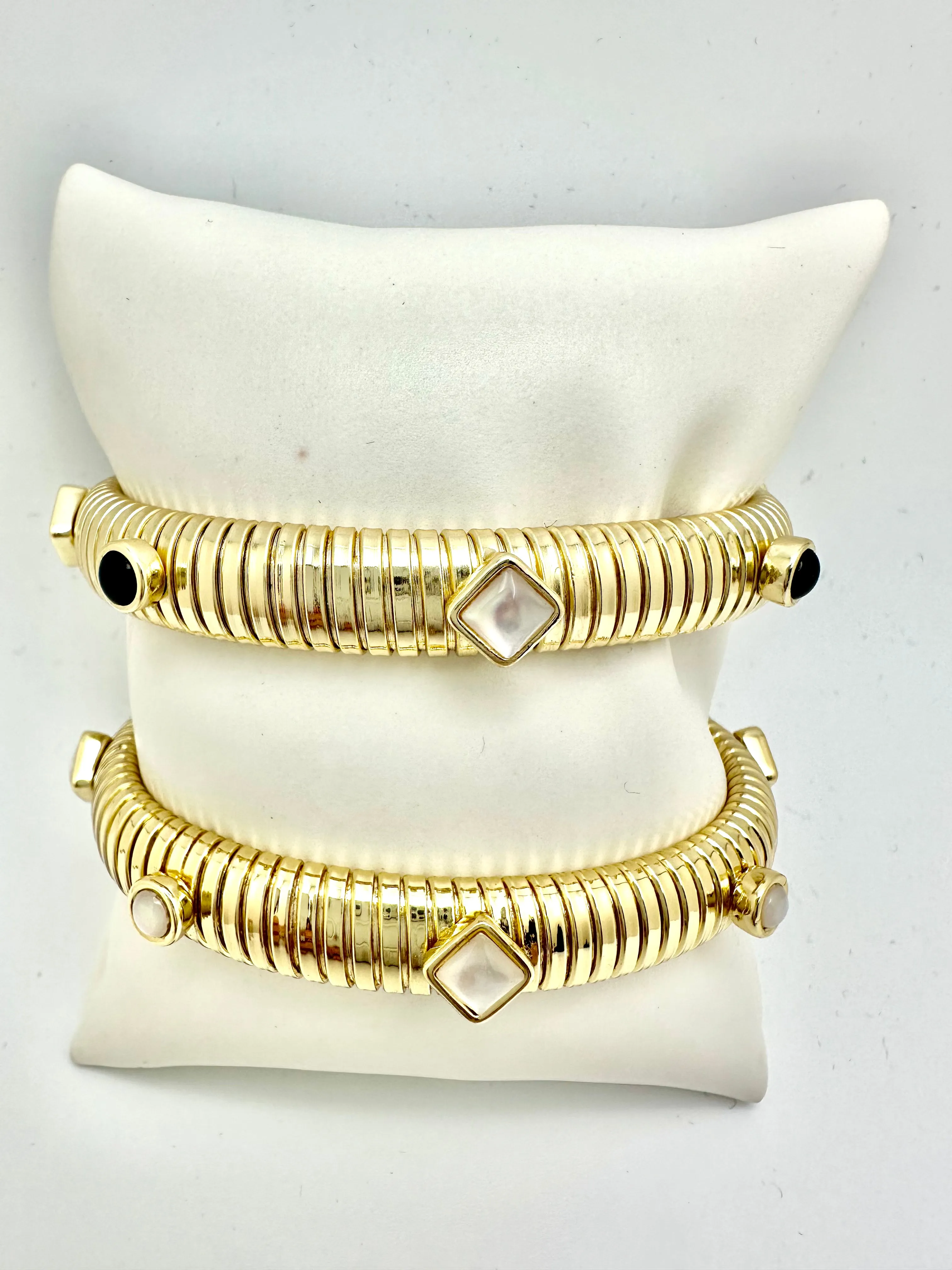 Ribbed Gold Cuff with Stones