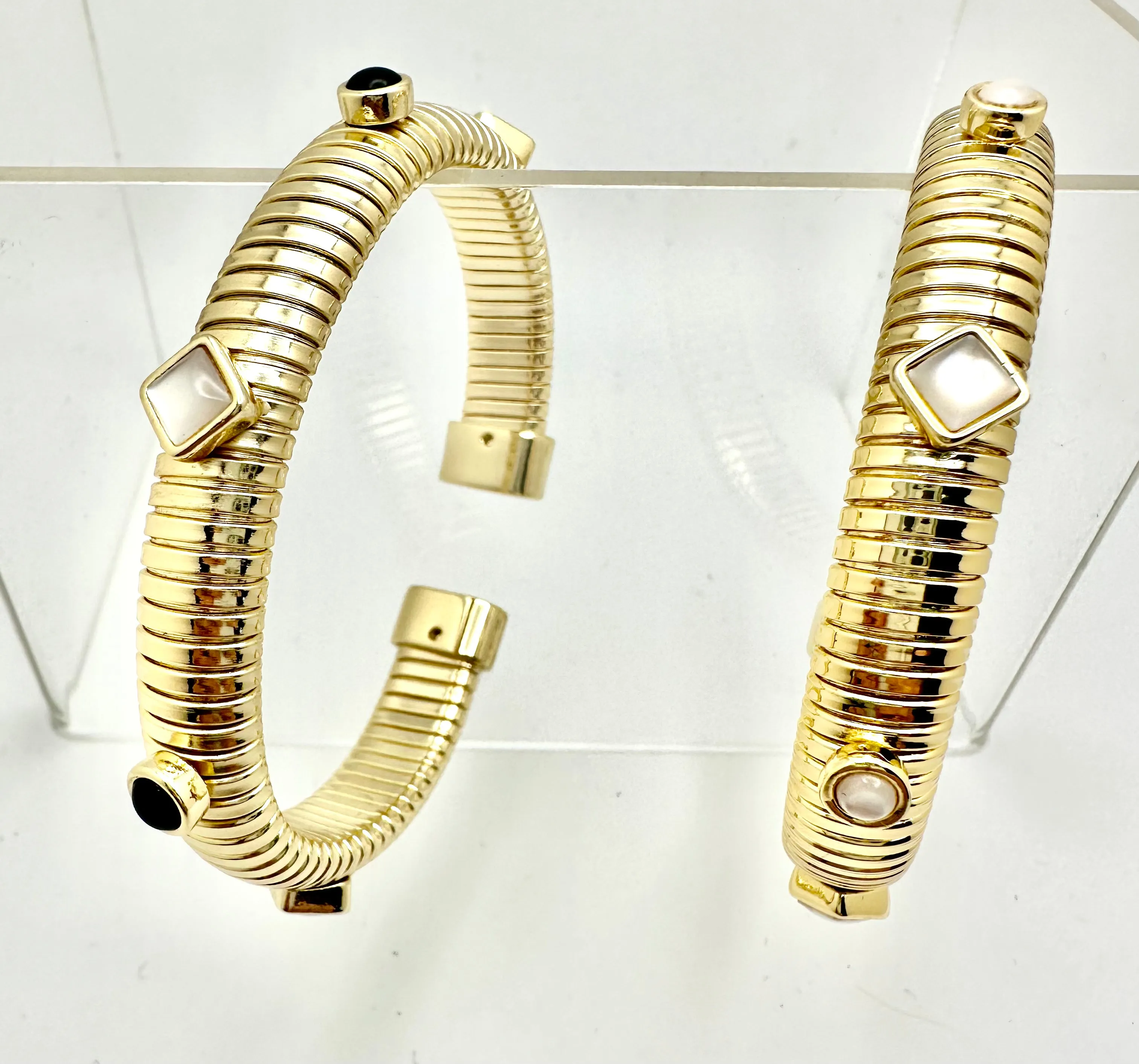 Ribbed Gold Cuff with Stones