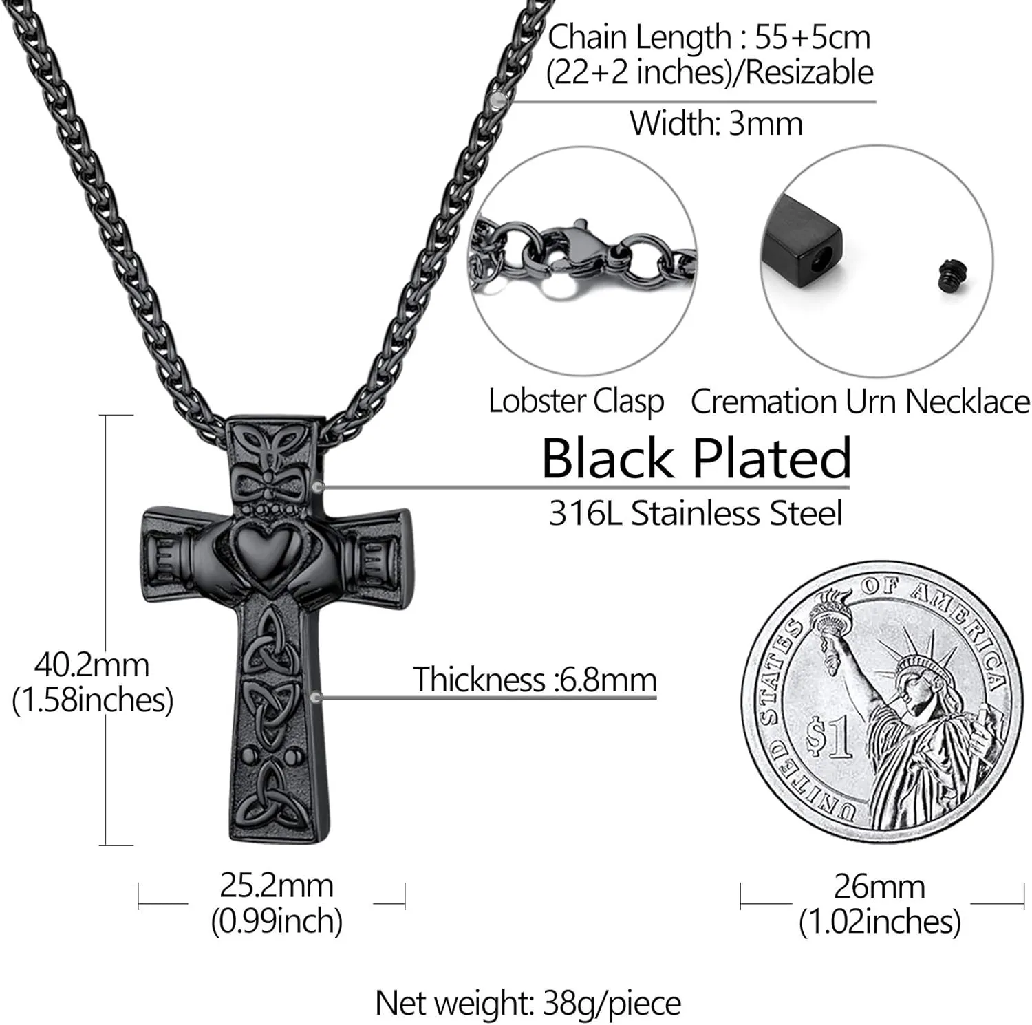 Richsteel Urn Necklaces for Ashes for Women Men Cremation Pendant Necklace for Ashes Dog/Cross Stainless Steel Memorial Jewelry