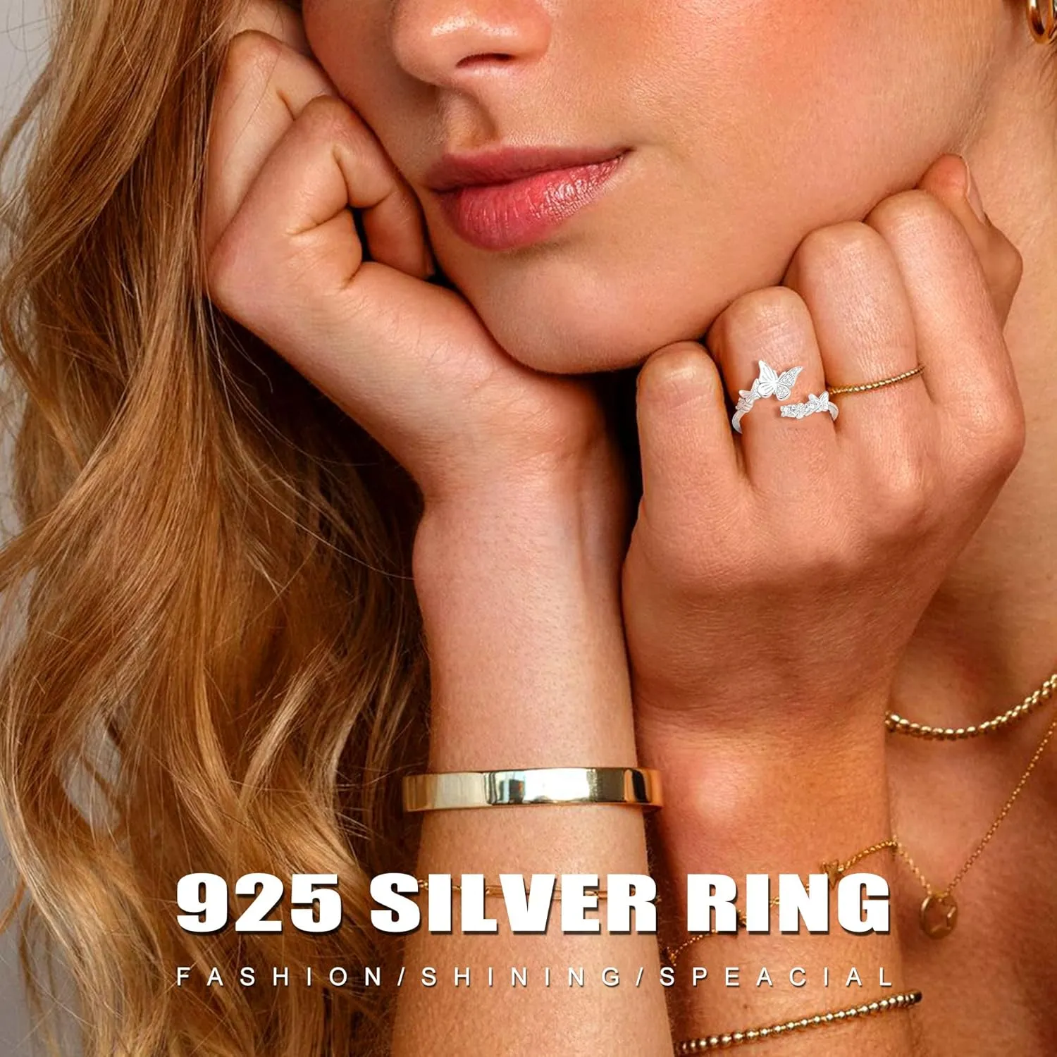 Rings for Women, 925 Sterling Silver 18k Gold Plated Rings, Adjustable Promise Open Crystal Ring for Women Men Couple Wedding Engagement Jewelry Gifts