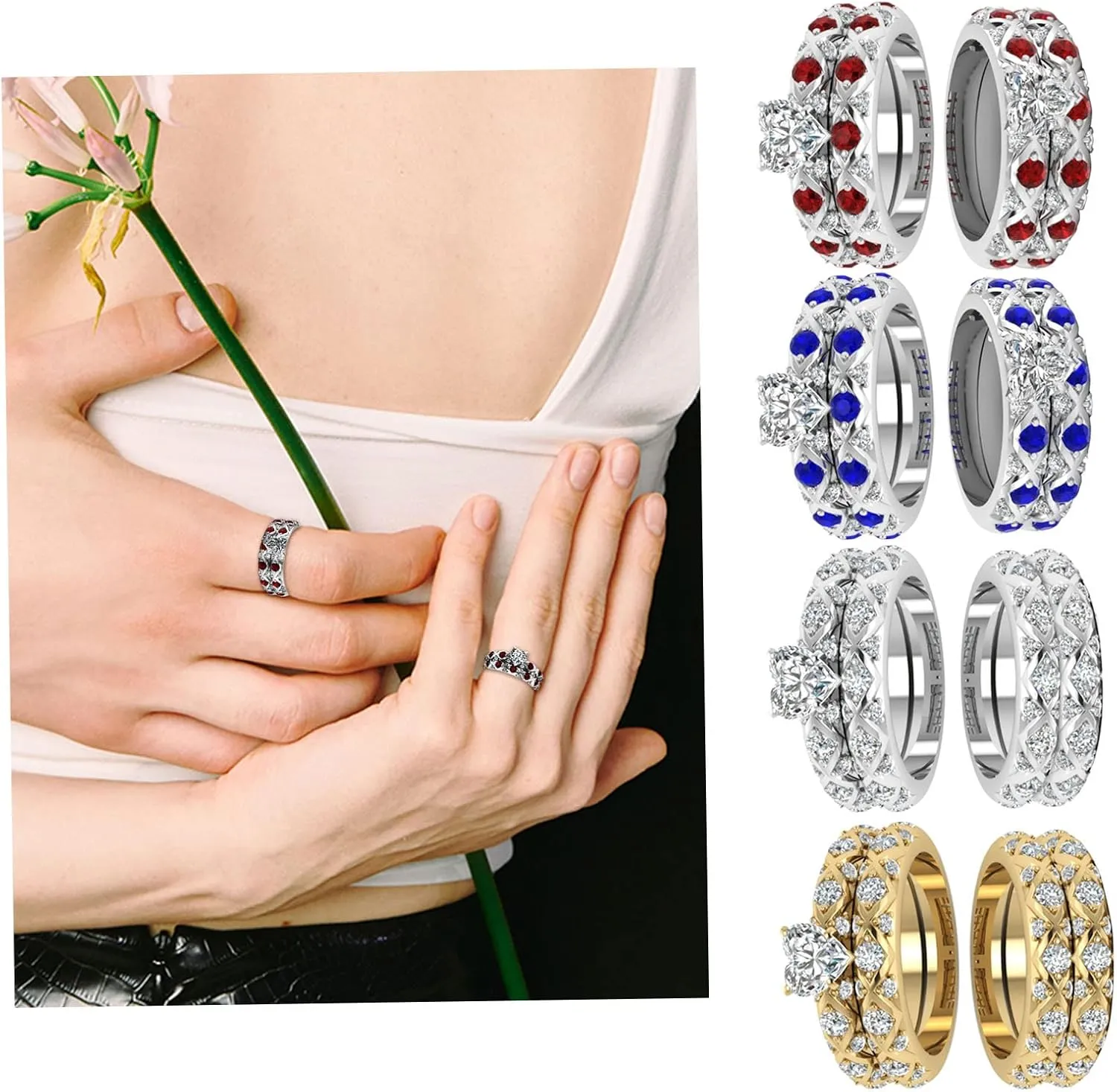 Rings Resin Inlaid Micro-Inlaid Ring Peach Pattern Full American Heart Zircon European Couple and Diamonds Diamonds Rings (Sliver, 11)