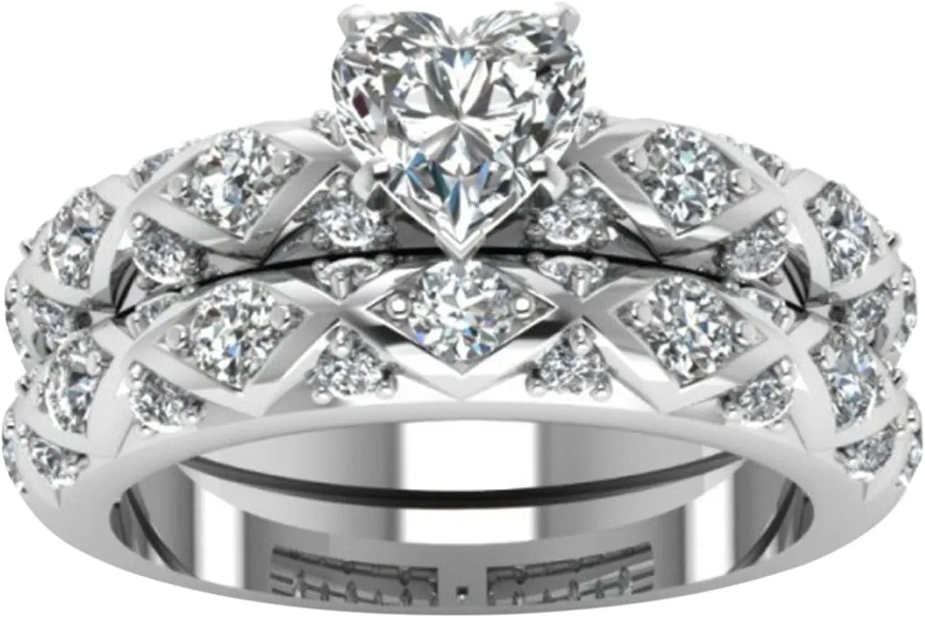 Rings Resin Inlaid Micro-Inlaid Ring Peach Pattern Full American Heart Zircon European Couple and Diamonds Diamonds Rings (Sliver, 11)