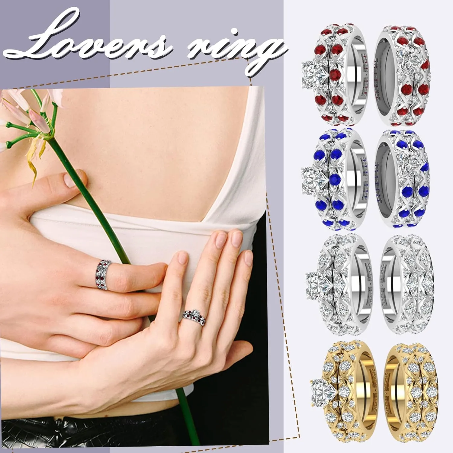 Rings Resin Inlaid Micro-Inlaid Ring Peach Pattern Full American Heart Zircon European Couple and Diamonds Diamonds Rings (Sliver, 11)