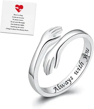 RINHOO FRIENDSHIP Hug Rings for Women Silver Hugging Hands Ring Adjustable 14K Gold Plated Daughter Rings from Mom Jewelry for Couples