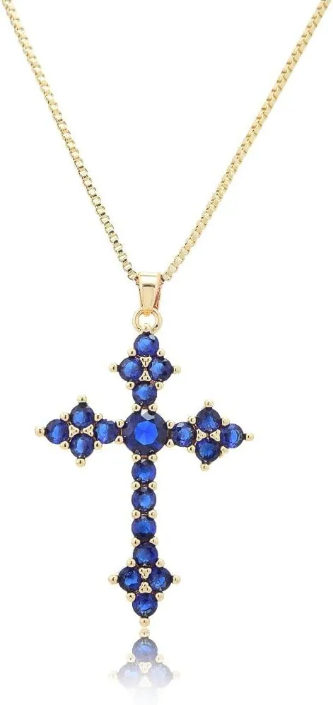 RIZILIA 18K Yellow Gold Plated Women's Cross Necklace, Round Cut CZ [Multiple Colors Available] Cross Pendant Necklace for Women, Trendy Jewelry Gift for Women