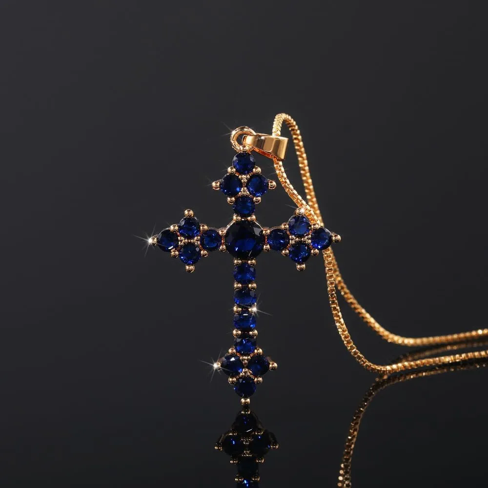RIZILIA 18K Yellow Gold Plated Women's Cross Necklace, Round Cut CZ [Multiple Colors Available] Cross Pendant Necklace for Women, Trendy Jewelry Gift for Women