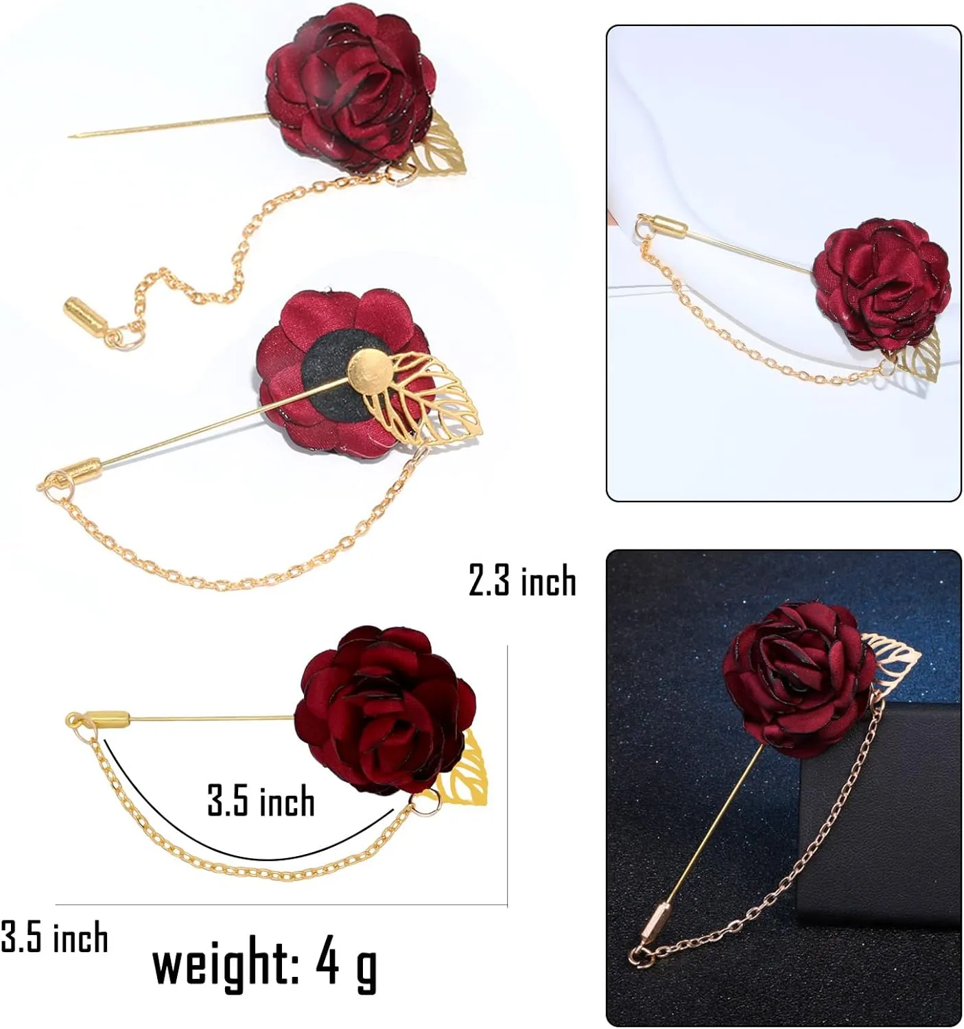 Rose Flower Wedding Brooches Cloth Art Floral Leaf Suit Shirt Lapel Brooch Pin Fashion Jewelry Boutonniere for Men Women Gold Plated