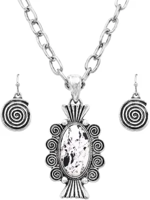 Rosemarie & Jubalee Women's Vintage Western Style Decorative Metal Swirl Framed Natural Howlite Stone Dalmatian Spot Jewelry Pieces (Necklace Earrings Set, 24" 3" Extender)