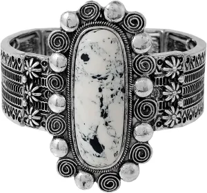 Rosemarie & Jubalee Women's Vintage Western Style Decorative Metal Swirl Framed Natural Howlite Stone Dalmatian Spot Jewelry Pieces (Stretch Bangle Bracelet, 7")