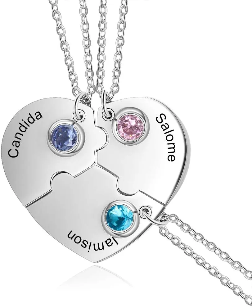 ROSI Best Friend Neckalces Customizable Rhinestone Best Friends Forever and BFF Necklace Engraved Puzzle Friendship Necklaces Set Split Heart Pendant Necklace Set of 3 or 4 (Set of 3)