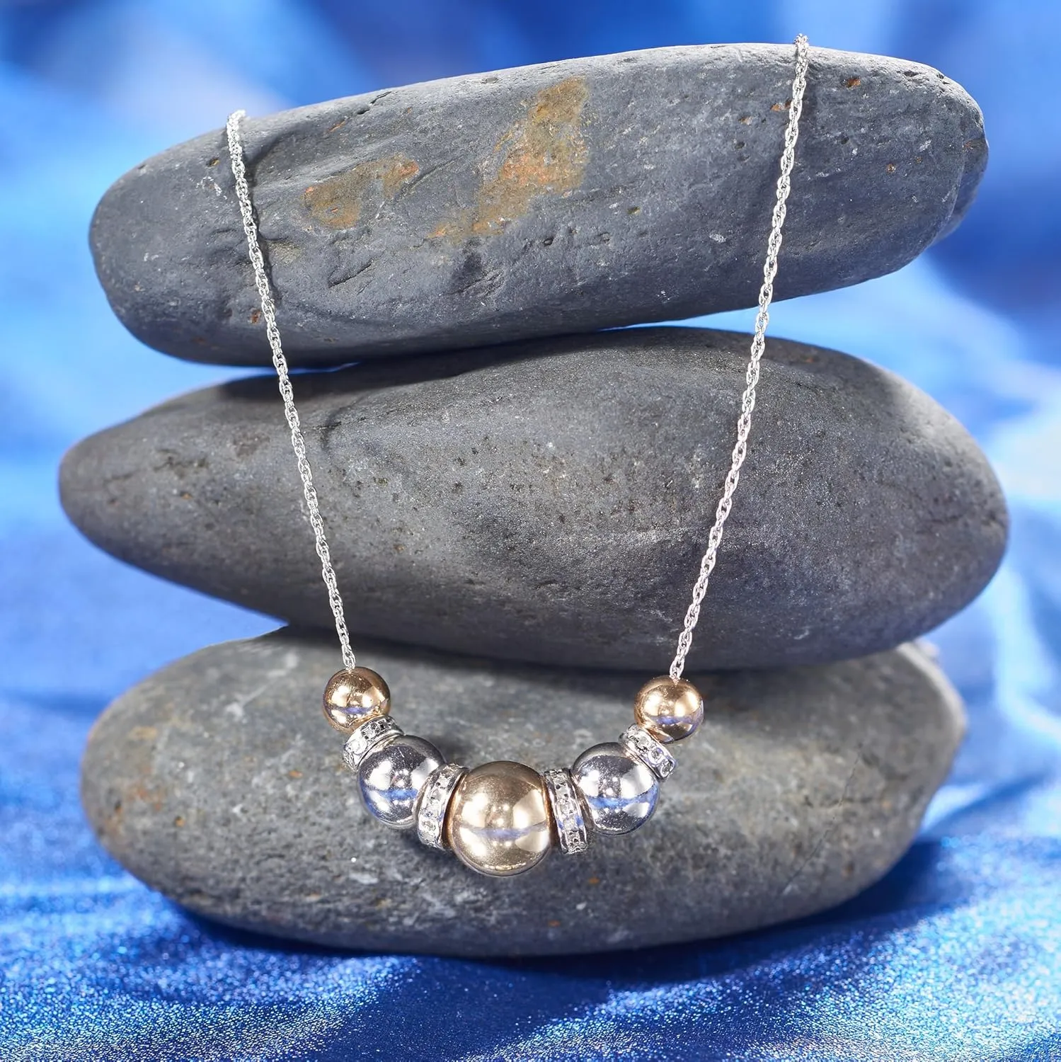 Ross-Simons Sterling Silver and 14kt Yellow Gold Bead Necklace With .35 ct. t.w. Diamonds