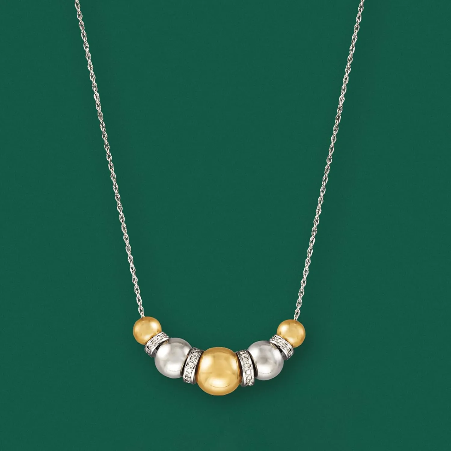 Ross-Simons Sterling Silver and 14kt Yellow Gold Bead Necklace With .35 ct. t.w. Diamonds